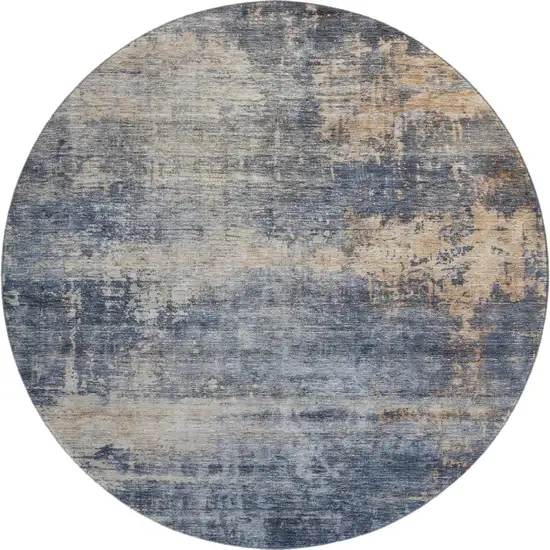 8' Denim Blue Silver And Beige Abstract Washable Round Rug With UV Protection Photo 1