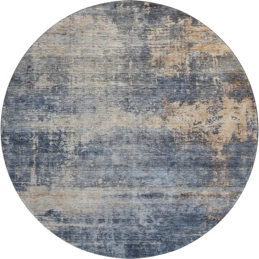 8' Denim Blue Silver And Beige Abstract Washable Round Rug With UV Protection Photo 1