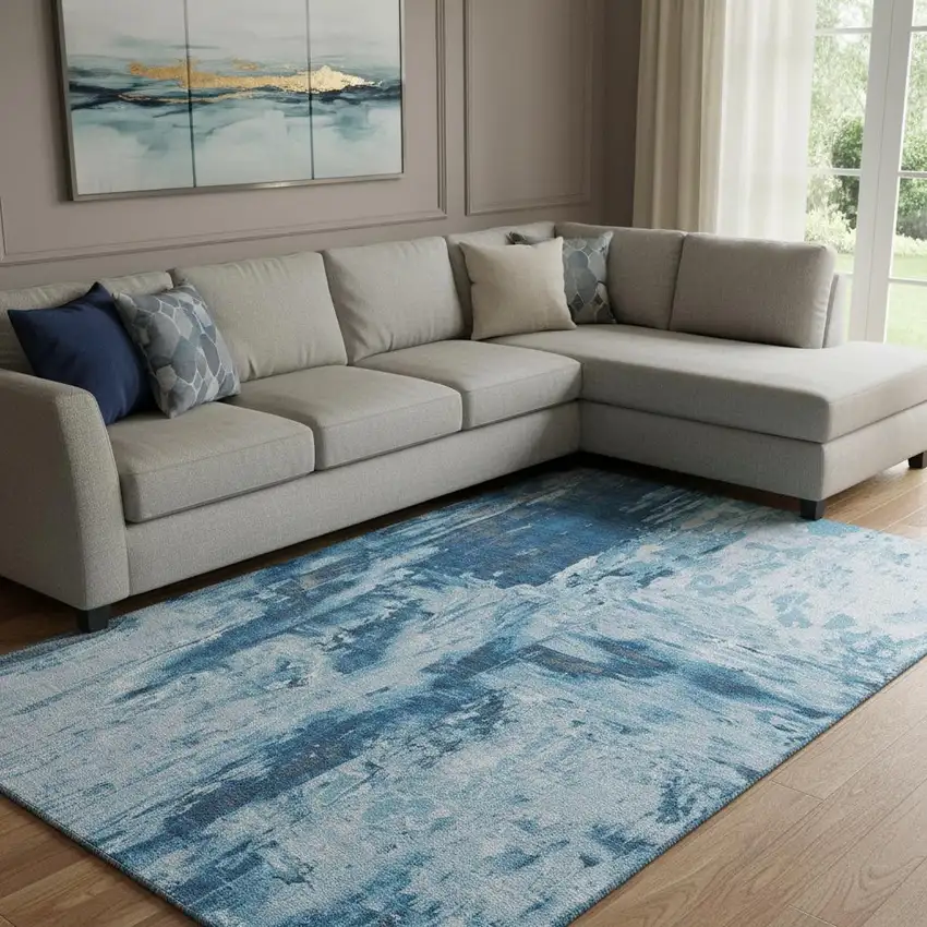 8' Denim Blue Silver And Gray Abstract Washable Area Rug With UV Protection Photo 2
