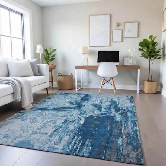 8' Denim Blue Silver And Gray Abstract Washable Area Rug With UV Protection Photo 3