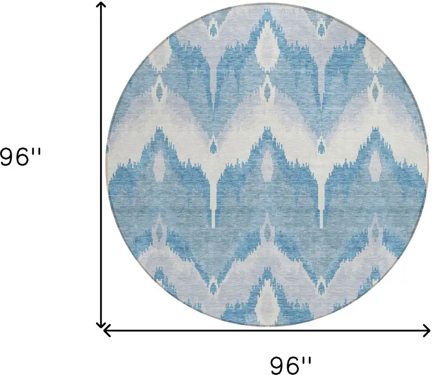 8' Denim Blue Sky Blue And Ivory Round Ikat Washable Indoor Outdoor Area Rug Photo 8