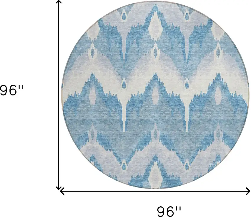 8' Denim Blue Sky Blue And Ivory Round Ikat Washable Indoor Outdoor Area Rug Photo 8