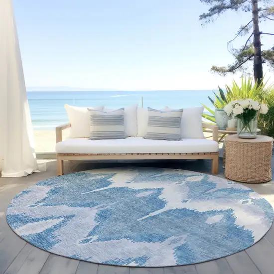 8' Denim Blue Sky Blue And Ivory Round Ikat Washable Indoor Outdoor Area Rug Photo 6