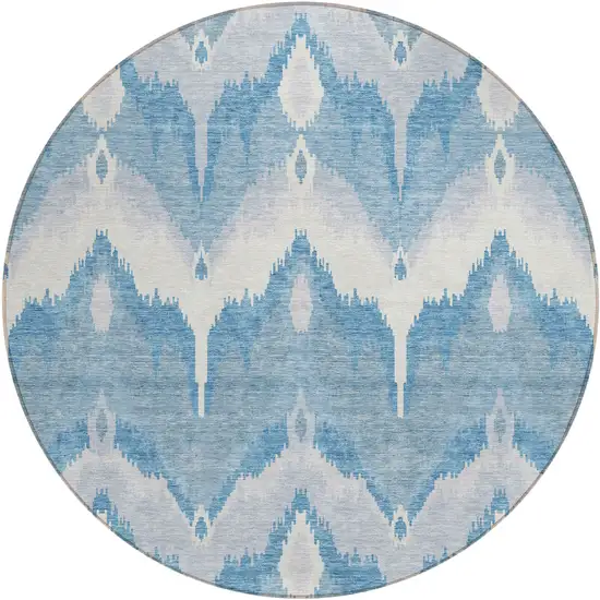 8' Denim Blue Sky Blue And Ivory Round Ikat Washable Indoor Outdoor Area Rug Photo 1