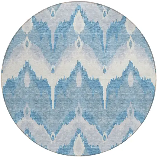 8' Denim Blue Sky Blue And Ivory Round Ikat Washable Indoor Outdoor Area Rug Photo 1