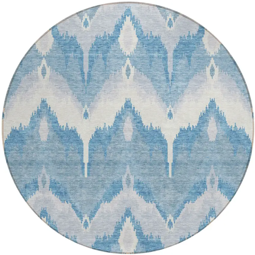 8' Denim Blue Sky Blue And Ivory Round Ikat Washable Indoor Outdoor Area Rug Photo 1