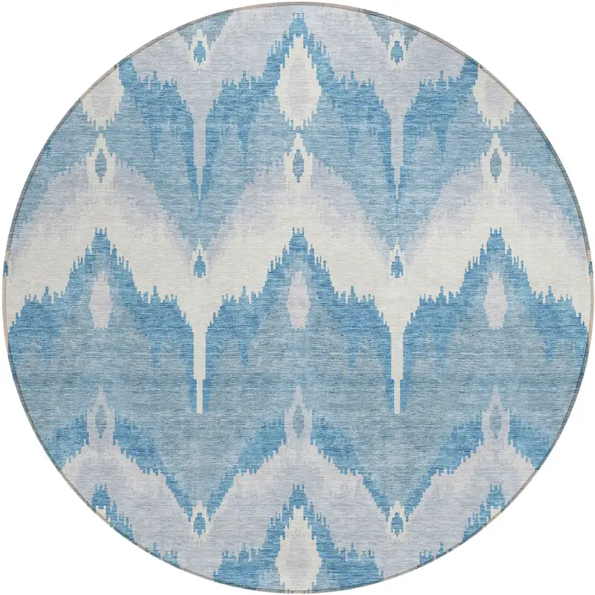 8' Denim Blue Sky Blue And Ivory Round Ikat Washable Indoor Outdoor Area Rug Photo 1