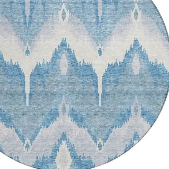 8' Denim Blue Sky Blue And Ivory Round Ikat Washable Indoor Outdoor Area Rug Photo 4
