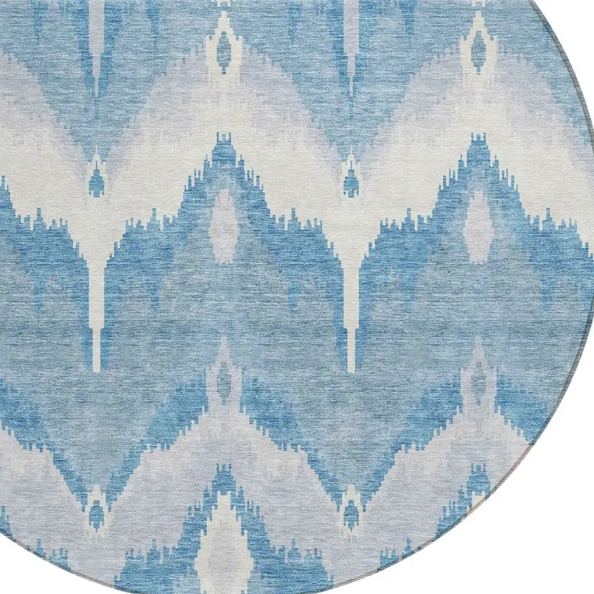 8' Denim Blue Sky Blue And Ivory Round Ikat Washable Indoor Outdoor Area Rug Photo 4