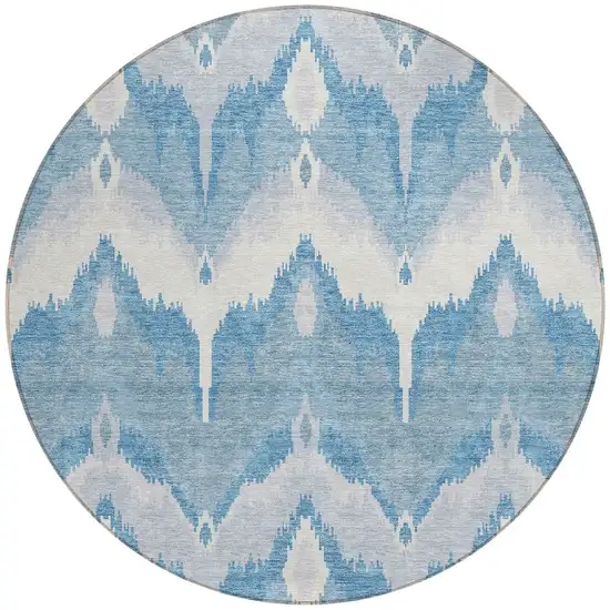 8' Denim Blue Sky Blue And Ivory Round Ikat Washable Indoor Outdoor Area Rug Photo 5
