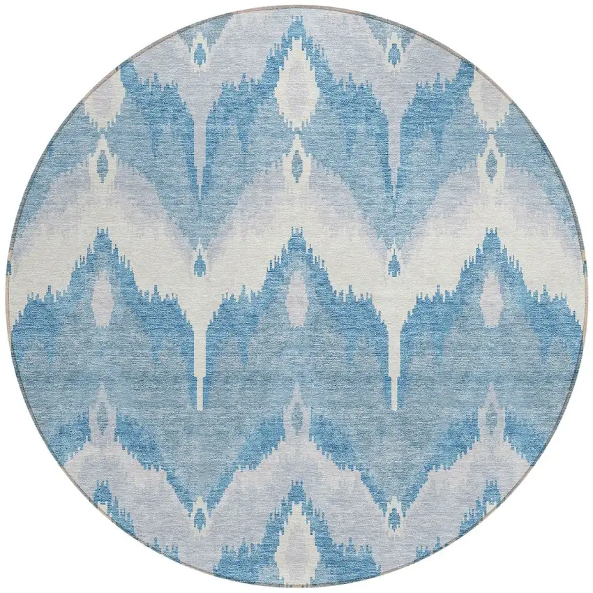 8' Denim Blue Sky Blue And Ivory Round Ikat Washable Indoor Outdoor Area Rug Photo 5