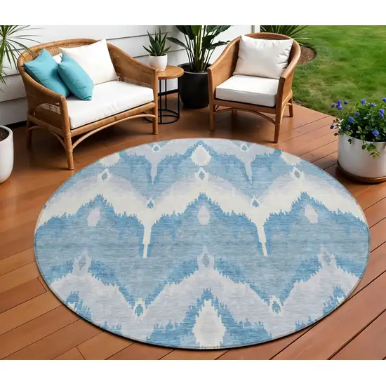 8' Denim Blue Sky Blue And Ivory Round Ikat Washable Indoor Outdoor Area Rug Photo 1