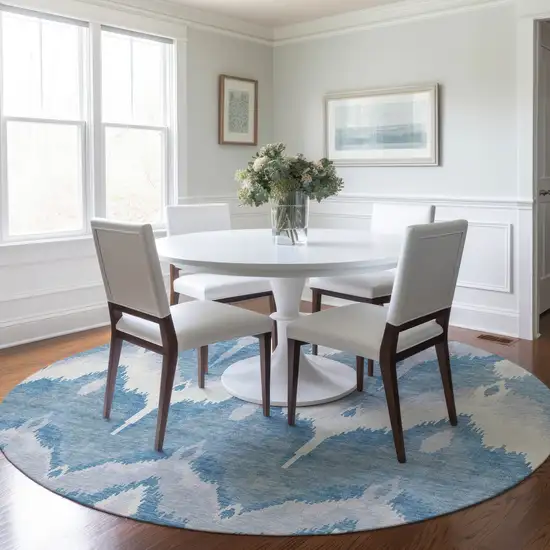 8' Denim Blue Sky Blue And Ivory Round Ikat Washable Indoor Outdoor Area Rug Photo 7