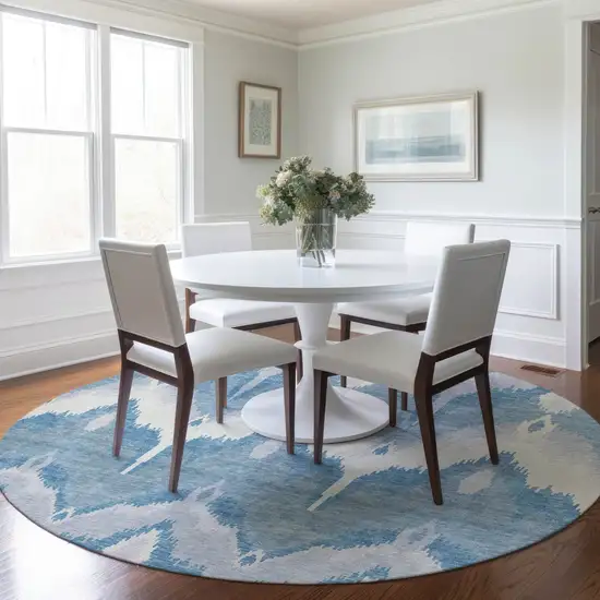 8' Denim Blue Sky Blue And Ivory Round Ikat Washable Indoor Outdoor Area Rug Photo 7