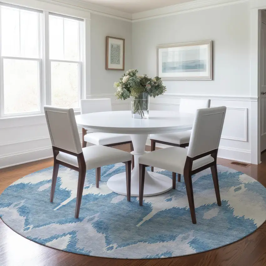 8' Denim Blue Sky Blue And Ivory Round Ikat Washable Indoor Outdoor Area Rug Photo 7