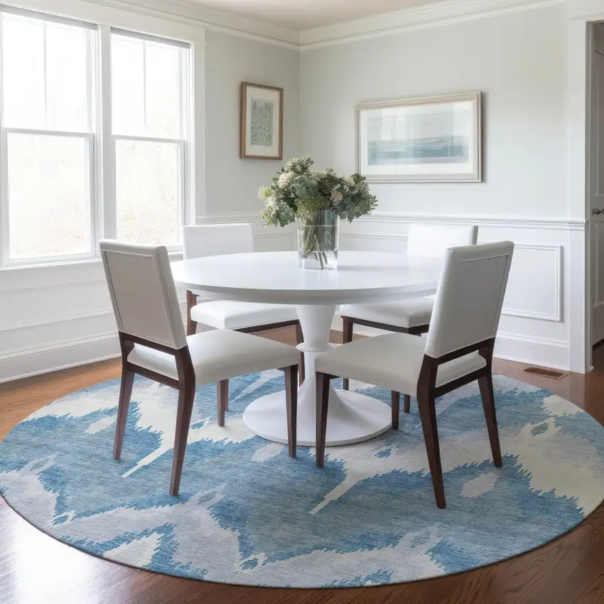 8' Denim Blue Sky Blue And Ivory Round Ikat Washable Indoor Outdoor Area Rug Photo 7