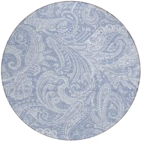 8' Denim Blue Sky Blue And Ivory Round Paisley Washable Indoor Outdoor Area Rug Photo 2