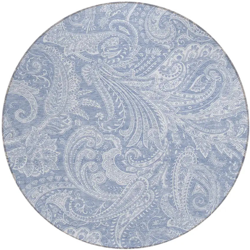 8' Denim Blue Sky Blue And Ivory Round Paisley Washable Indoor Outdoor Area Rug Photo 2