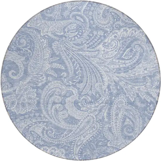 8' Denim Blue Sky Blue And Ivory Round Paisley Washable Indoor Outdoor Area Rug Photo 2