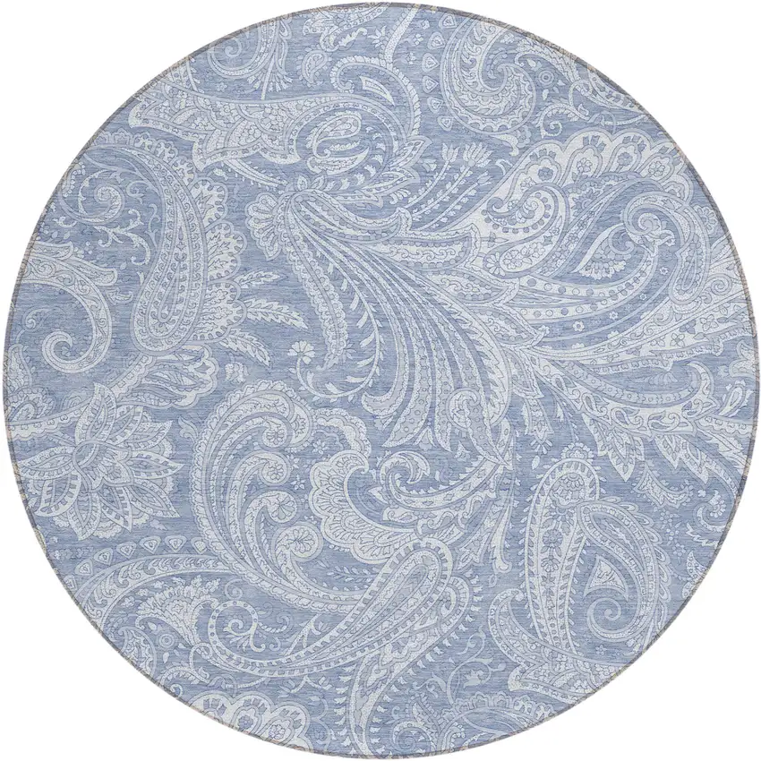 8' Denim Blue Sky Blue And Ivory Round Paisley Washable Indoor Outdoor Area Rug Photo 2