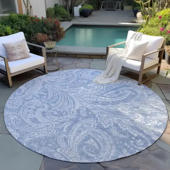 8' Denim Blue Sky Blue And Ivory Round Paisley Washable Indoor Outdoor Area Rug Photo 6