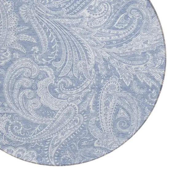 8' Denim Blue Sky Blue And Ivory Round Paisley Washable Indoor Outdoor Area Rug Photo 4