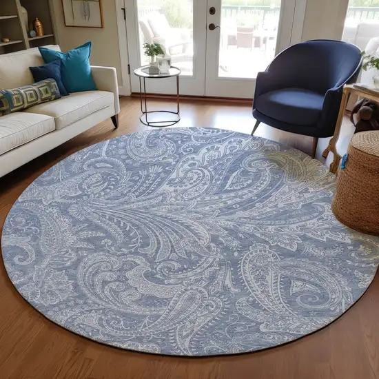8' Denim Blue Sky Blue And Ivory Round Paisley Washable Indoor Outdoor Area Rug Photo 7