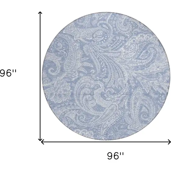 8' Denim Blue Sky Blue And Ivory Round Paisley Washable Indoor Outdoor Area Rug Photo 3