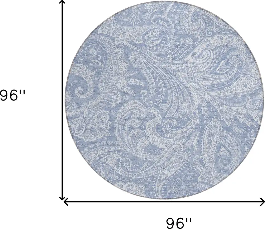8' Denim Blue Sky Blue And Ivory Round Paisley Washable Indoor Outdoor Area Rug Photo 3