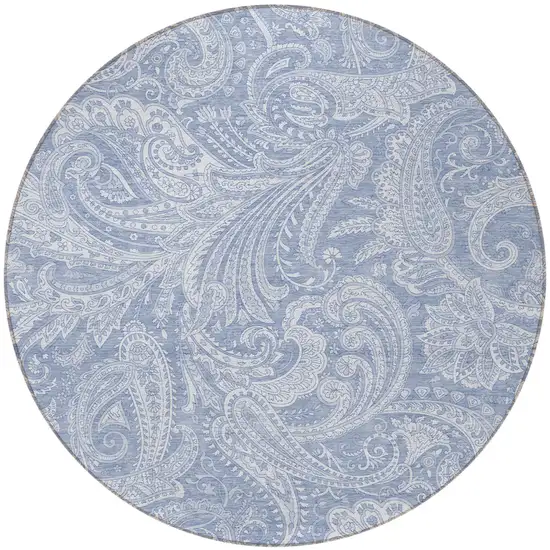 8' Denim Blue Sky Blue And Ivory Round Paisley Washable Indoor Outdoor Area Rug Photo 5