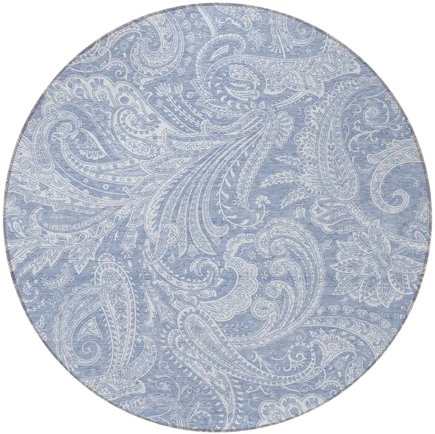 8' Denim Blue Sky Blue And Ivory Round Paisley Washable Indoor Outdoor Area Rug Photo 5