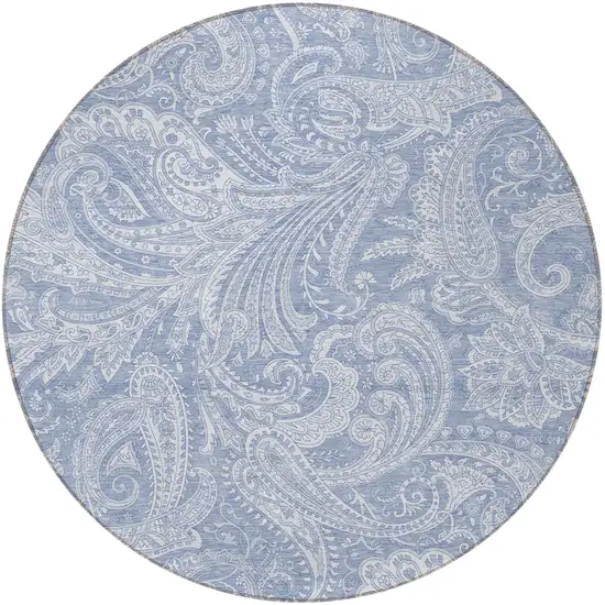 8' Denim Blue Sky Blue And Ivory Round Paisley Washable Indoor Outdoor Area Rug Photo 5