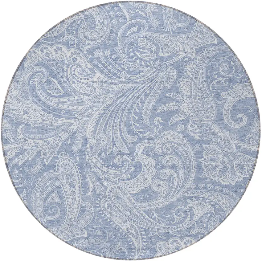 8' Denim Blue Sky Blue And Ivory Round Paisley Washable Indoor Outdoor Area Rug Photo 5