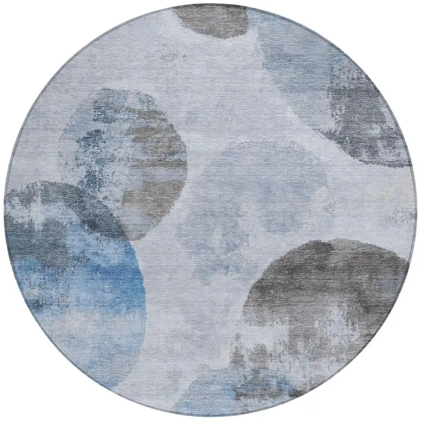 8' Denim Blue Taupe And Ivory Round Abstract Washable Indoor Outdoor Area Rug Photo 4