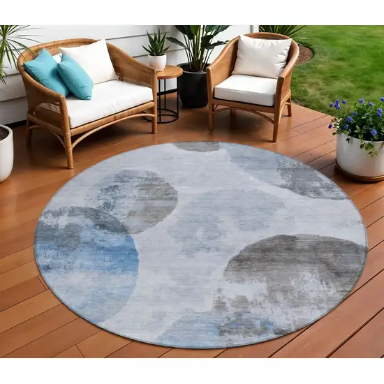 8' Denim Blue Taupe And Ivory Round Abstract Washable Indoor Outdoor Area Rug Photo 1