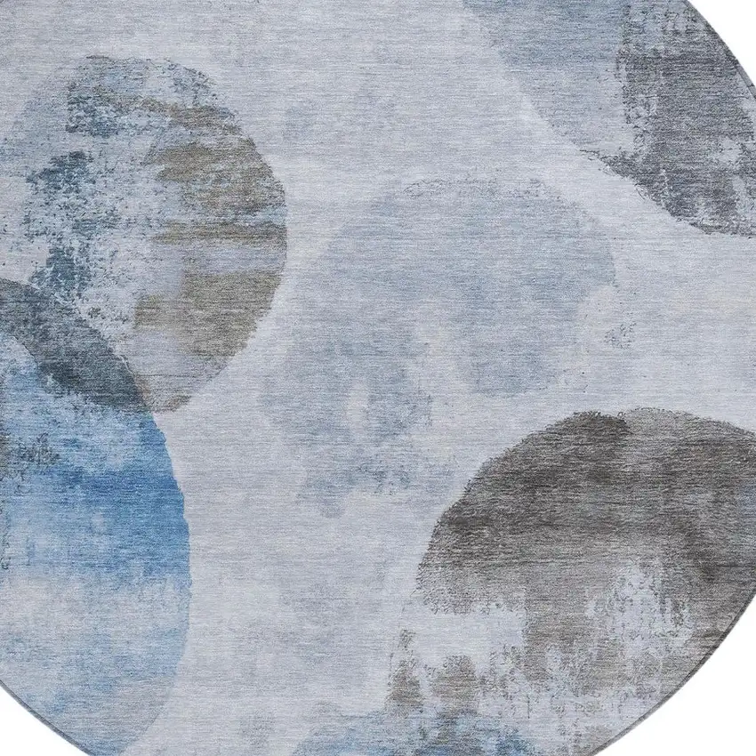 8' Denim Blue Taupe And Ivory Round Abstract Washable Indoor Outdoor Area Rug Photo 7