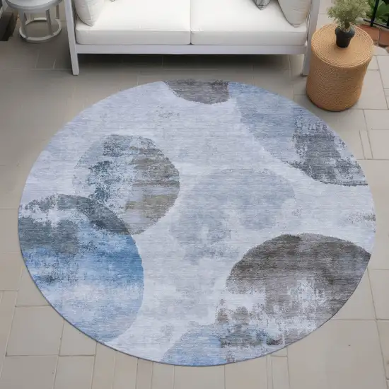 8' Denim Blue Taupe And Ivory Round Abstract Washable Indoor Outdoor Area Rug Photo 8