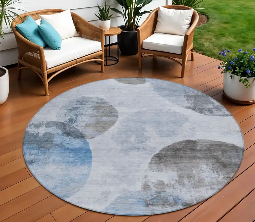 8' Denim Blue Taupe And Ivory Round Abstract Washable Indoor Outdoor Area Rug Photo 1
