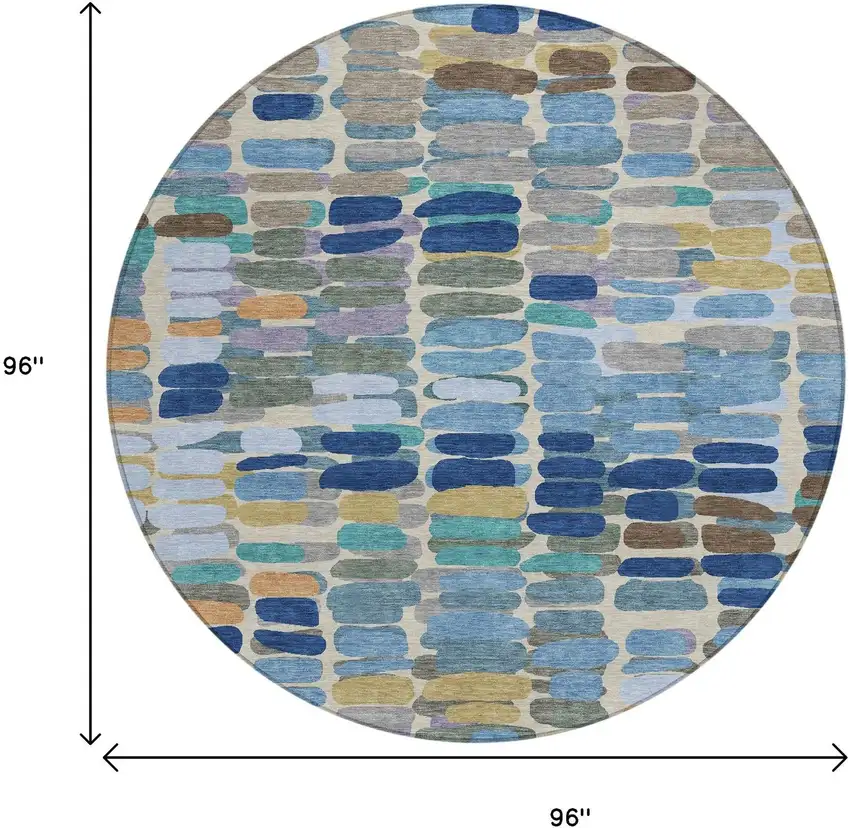 8' Denim Blue Wheat And Beige Round Abstract Washable Indoor Outdoor Area Rug Photo 3