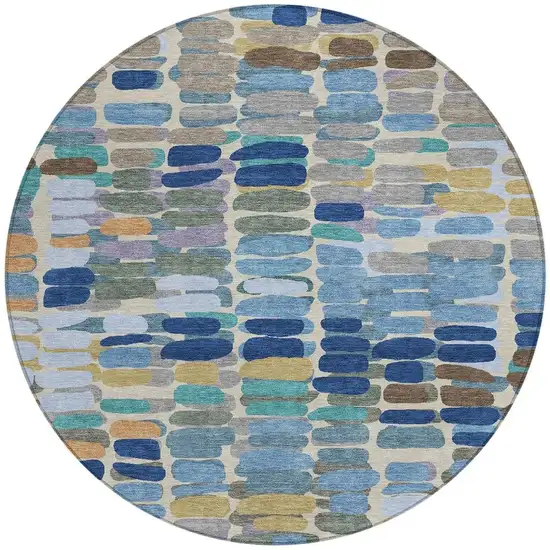 8' Denim Blue Wheat And Beige Round Abstract Washable Indoor Outdoor Area Rug Photo 4