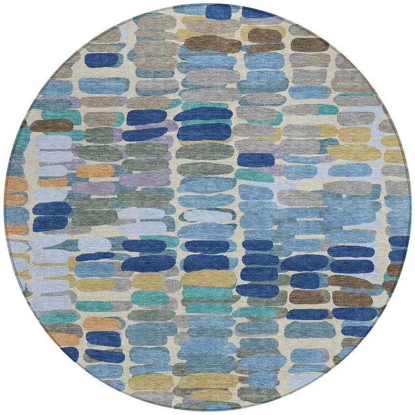8' Denim Blue Wheat And Beige Round Abstract Washable Indoor Outdoor Area Rug Photo 4