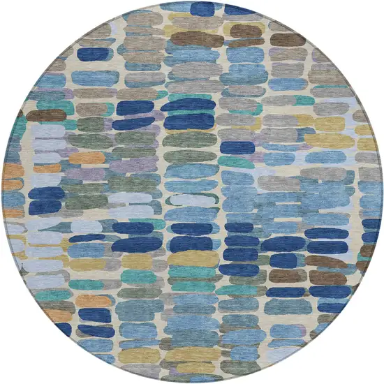 8' Denim Blue Wheat And Beige Round Abstract Washable Indoor Outdoor Area Rug Photo 2