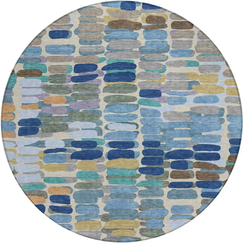 8' Denim Blue Wheat And Beige Round Abstract Washable Indoor Outdoor Area Rug Photo 2