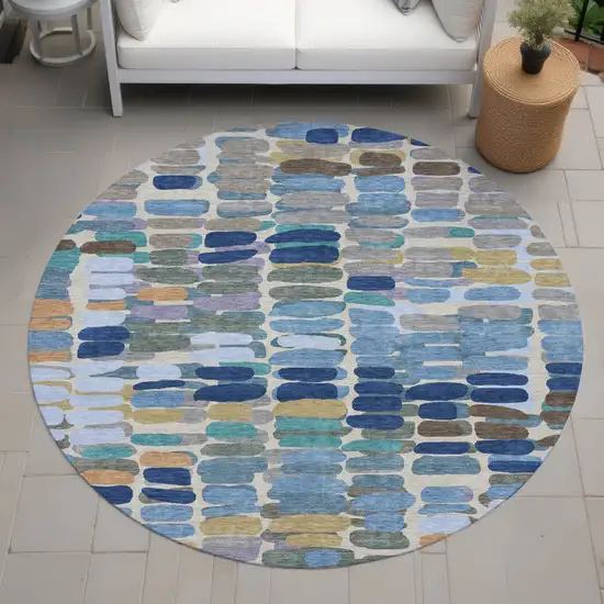 8' Denim Blue Wheat And Beige Round Abstract Washable Indoor Outdoor Area Rug Photo 8