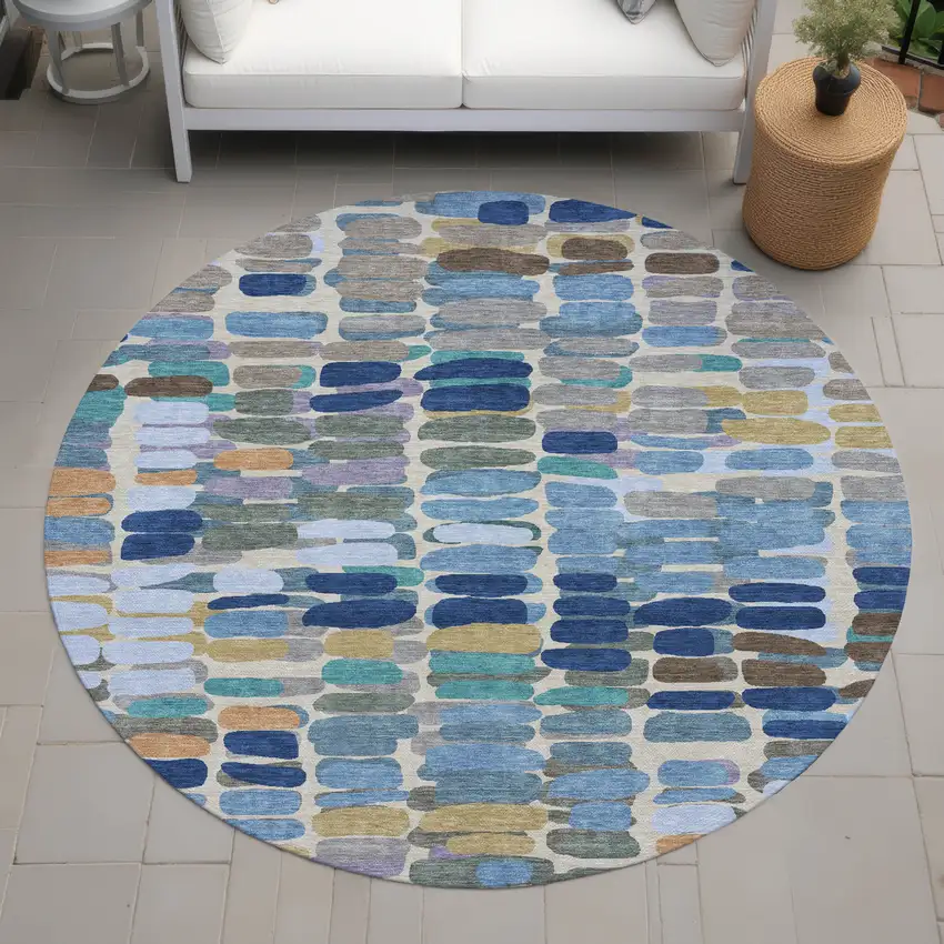 8' Denim Blue Wheat And Beige Round Abstract Washable Indoor Outdoor Area Rug Photo 8