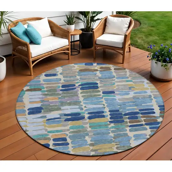 8' Denim Blue Wheat And Beige Round Abstract Washable Indoor Outdoor Area Rug Photo 1