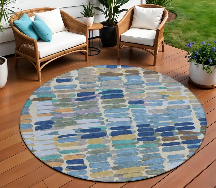 8' Denim Blue Wheat And Beige Round Abstract Washable Indoor Outdoor Area Rug Photo 1