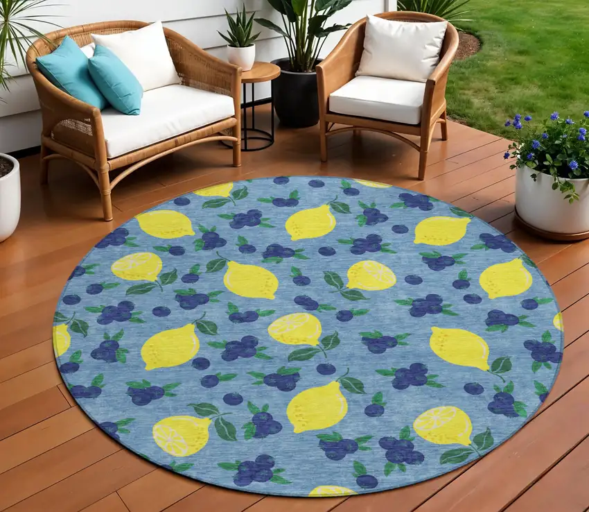 8' Denim Blue Yellow And Green Round Lemons Washable Indoor Outdoor Area Rug Photo 1