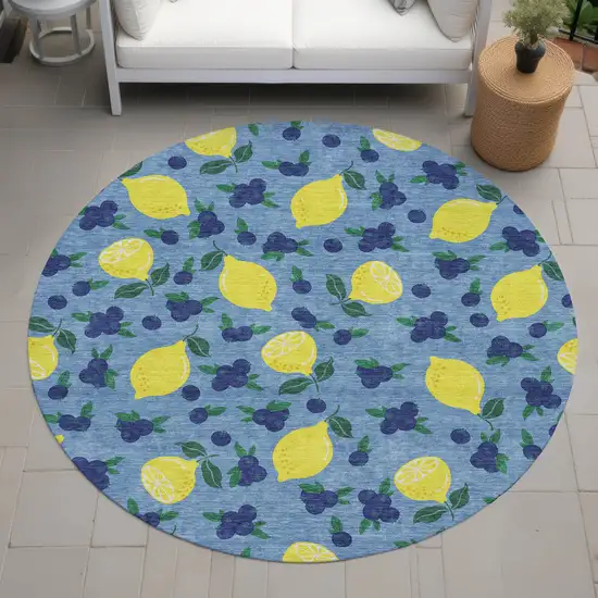8' Denim Blue Yellow And Green Round Lemons Washable Indoor Outdoor Area Rug Photo 9