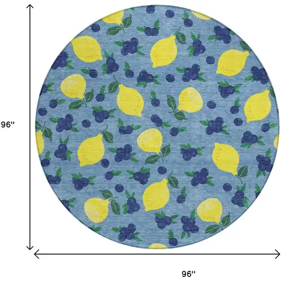 8' Denim Blue Yellow And Green Round Lemons Washable Indoor Outdoor Area Rug Photo 3